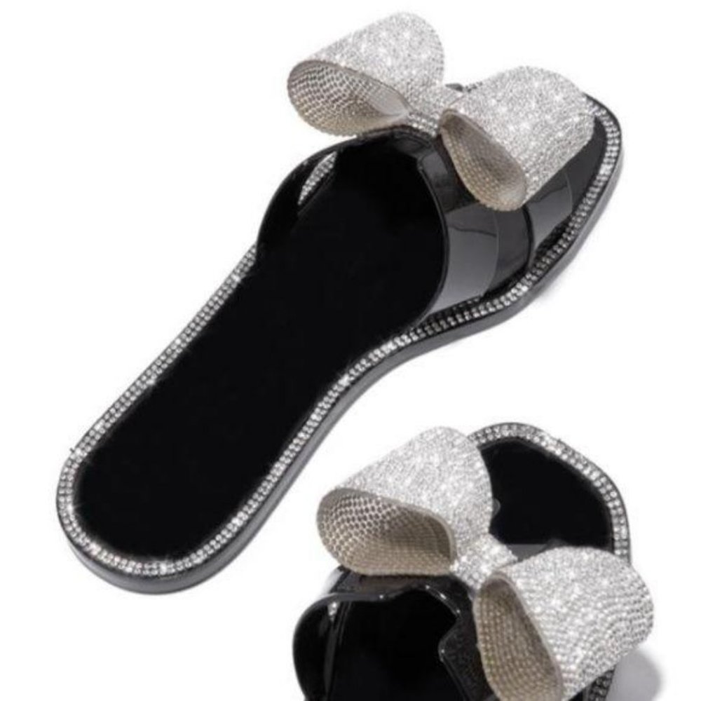 Embellished Bow Jelly Sandals in Black - Picture 4 of 9